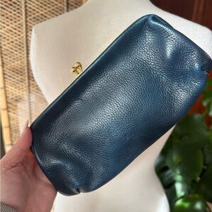 Vintage Chic Blue Leather Clutch with Gold‎ Clasp